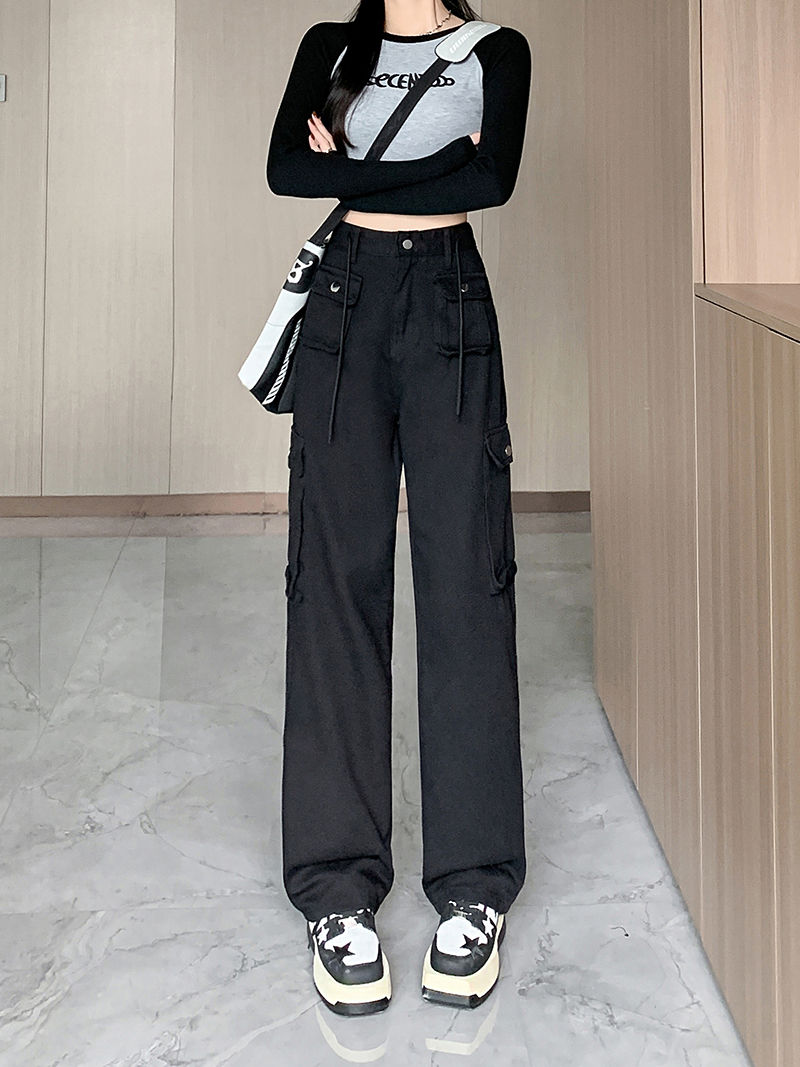 Real shot~Black high-waisted slim work jeans for women, American retro straight trousers, loose wide-leg pants