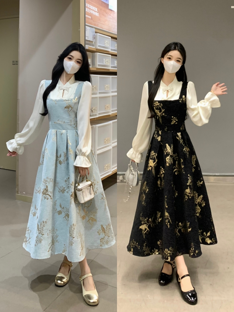 大碼女裝新中式假兩件連衣裙新款冬季胖mm顯瘦收腰國風復古長裙子