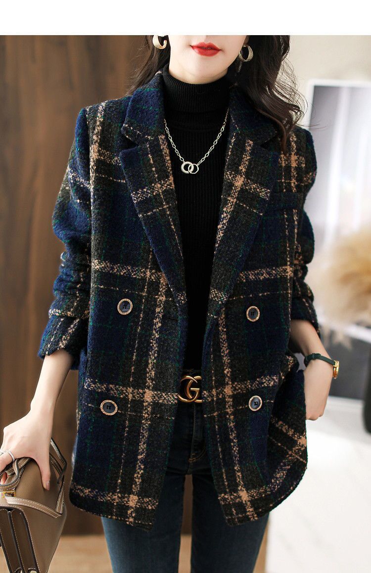 Plus size women's winter new fashion Korean style slimming retro plaid splicing wool