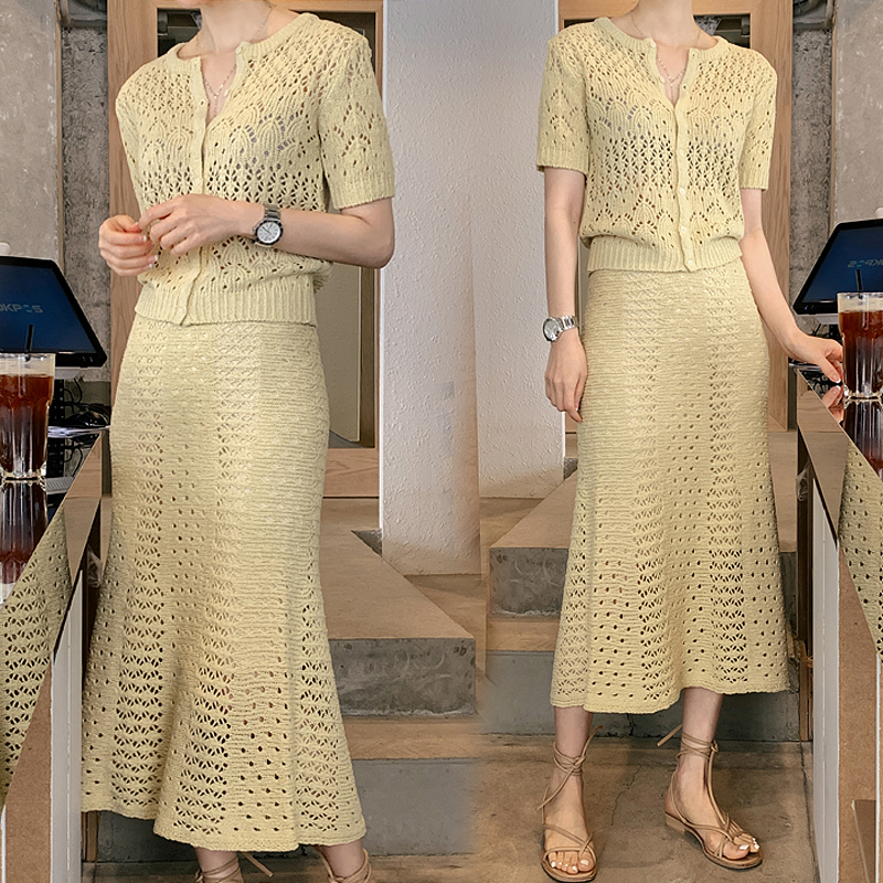 Dress women's summer dress small fragrance lace hollow short-sleeved cardigan top mid-length high-waisted skirt two-piece set