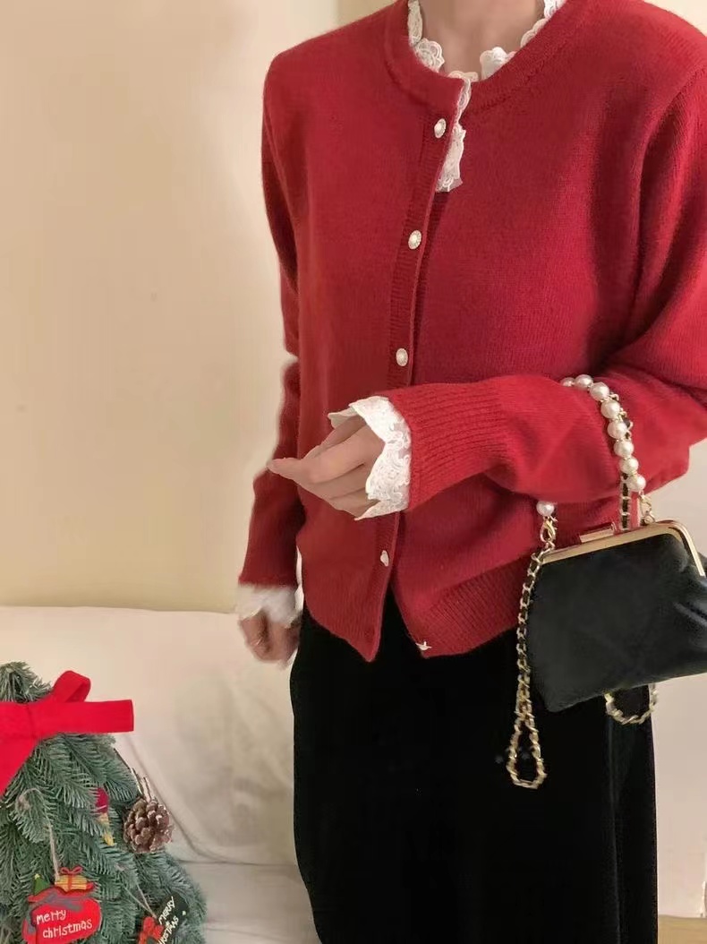 BB家秋冬新款新年紅色簡約拼接色系高級單排扣圓領純色小外套