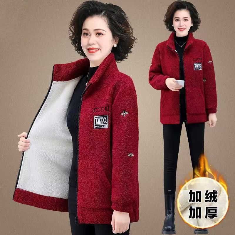 Lamb velvet jacket for women, autumn and winter, mother's winter velvet thickened warm cotton coat, large size women's loose coat