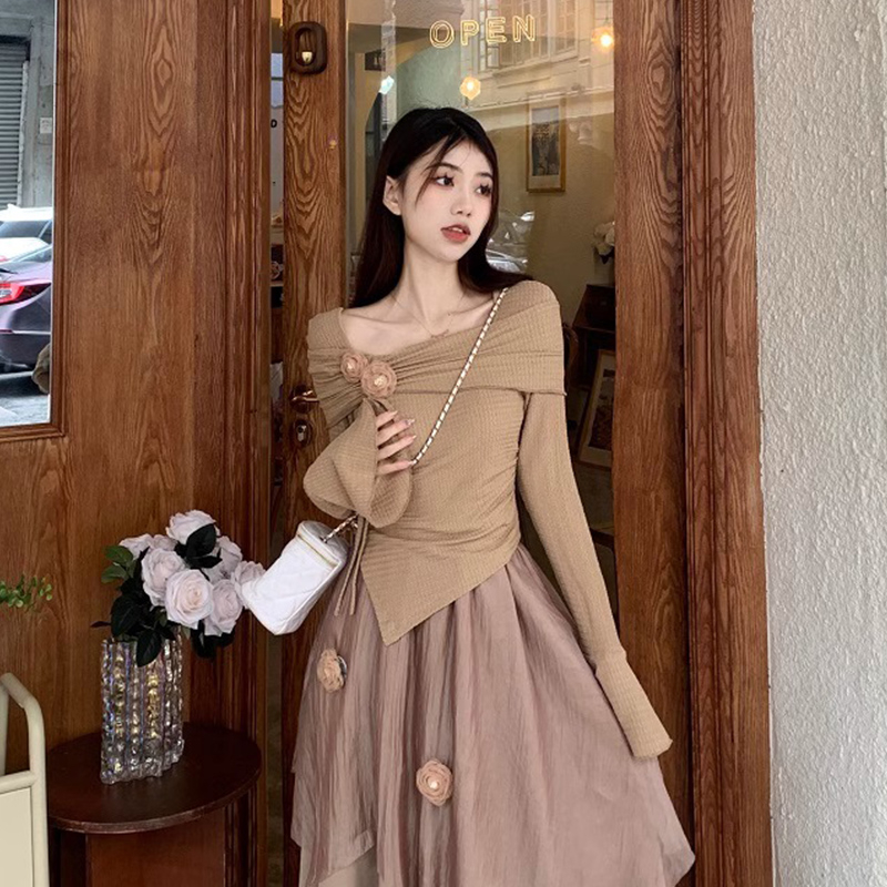 Temperament women's autumn design slim T-shirt one-shoulder top irregular atmosphere top