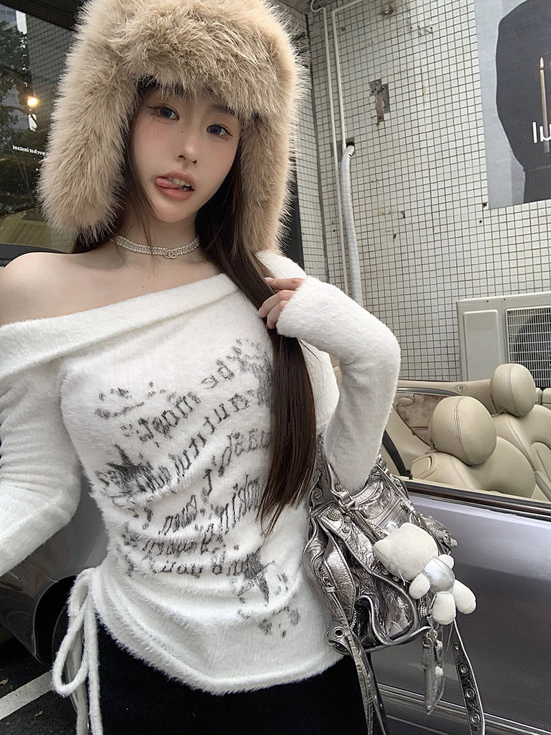 實拍白色毛衣針織衫女抽繩設計打底內搭短款上衣