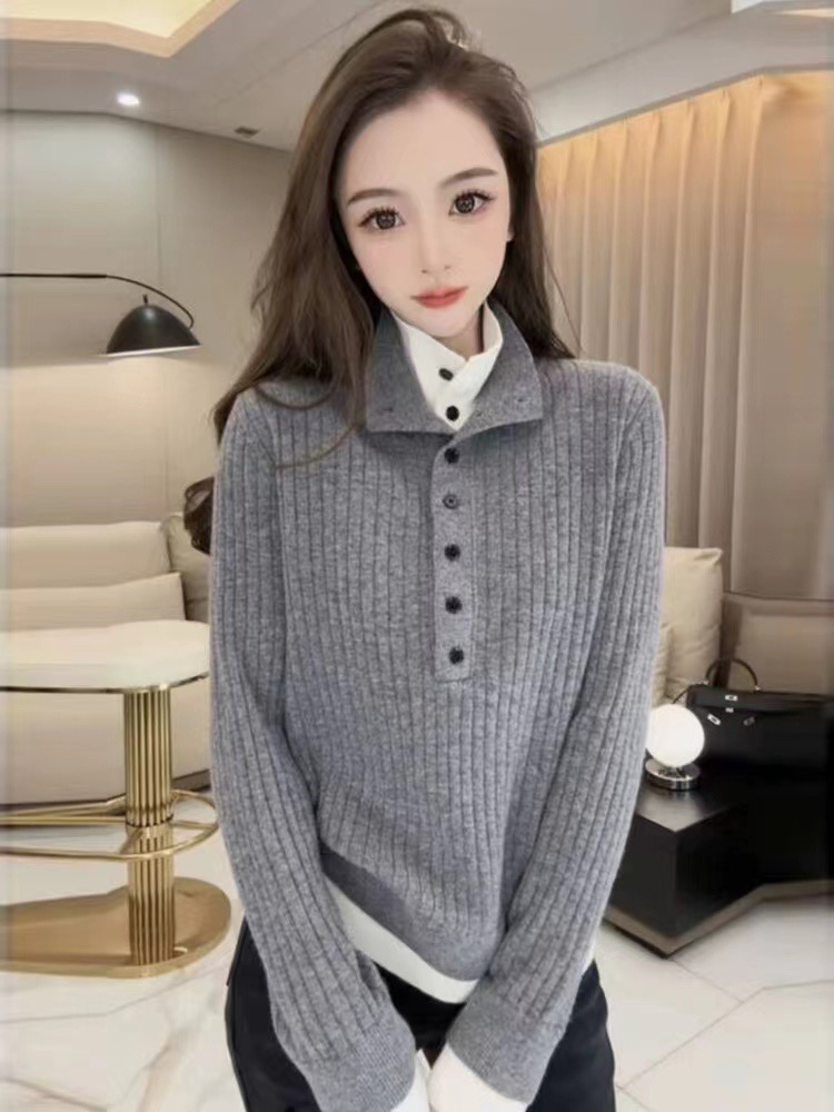 新品復古撞色針織衫拼接假兩件寬鬆加厚毛衣女秋冬新品