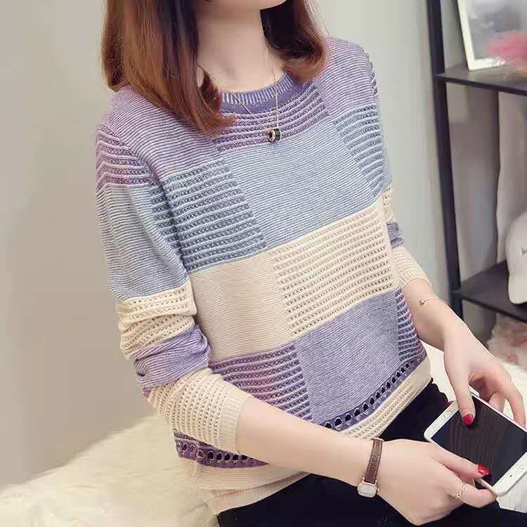2024早春新款女裝韓版拼色寬鬆條紋長袖打底衫針織衫套頭秋裝外套