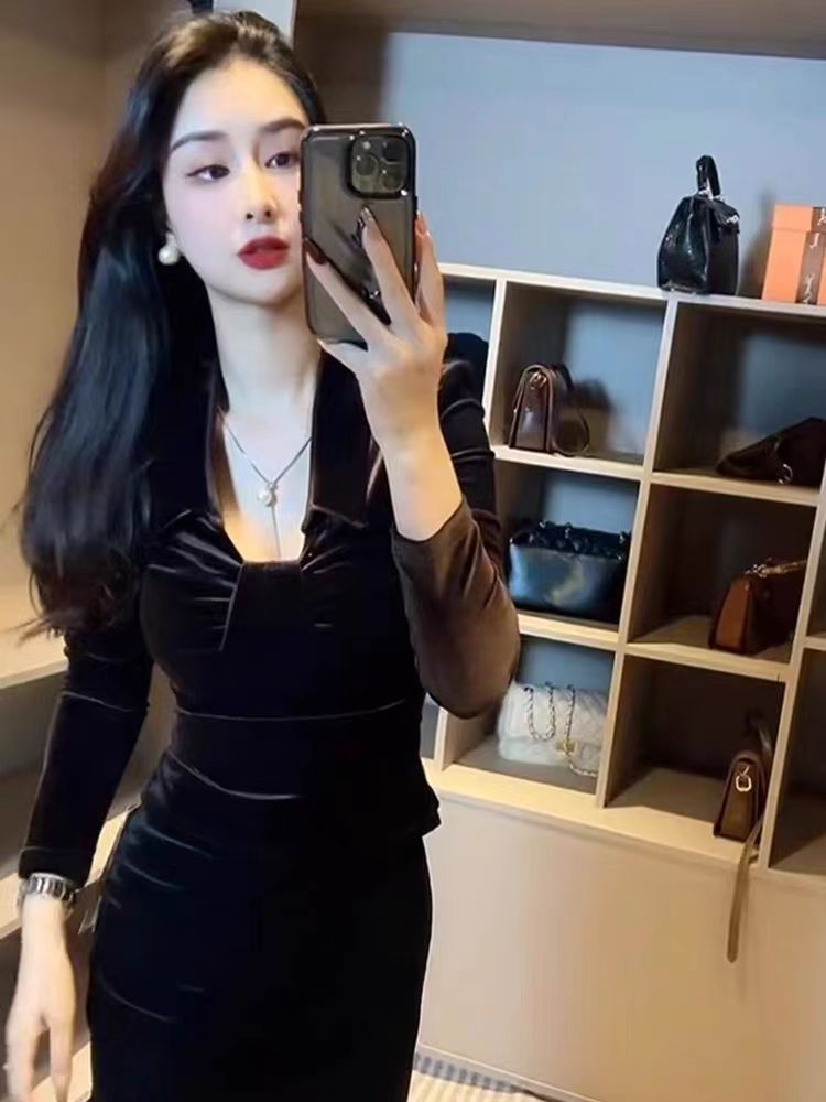 Fashionable and versatile bottoming shirt slimming velvet top 1237