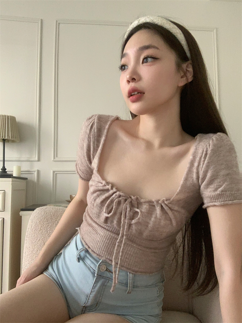 Sweet Hot Girl Square Neck Short Sleeve Knitted Bottoming Top Women's Spring Lace-up Pullover Drawstring Slim Fit Short Top