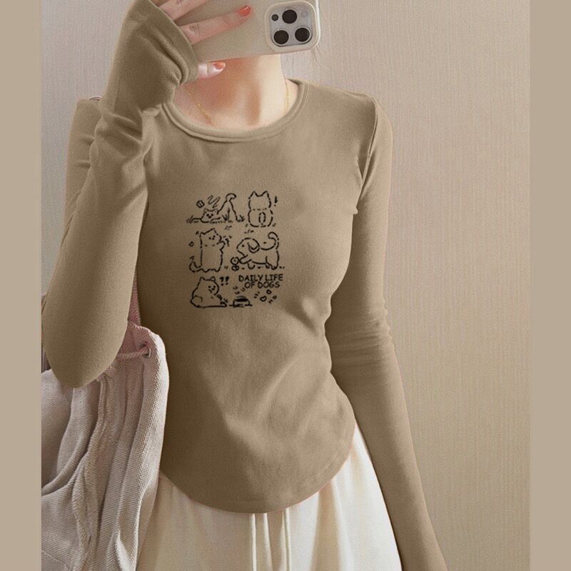 U-shaped hem, German velvet bottoming shirt for women, autumn and winter slim-fitting layered inner wear, slim short top, long-sleeved T-shirt