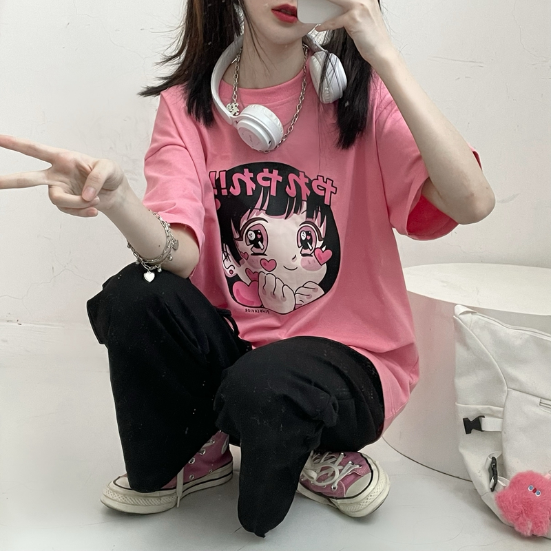 Official photo 95% polyester, 5% spandex, pink and white comic graffiti cotton summer