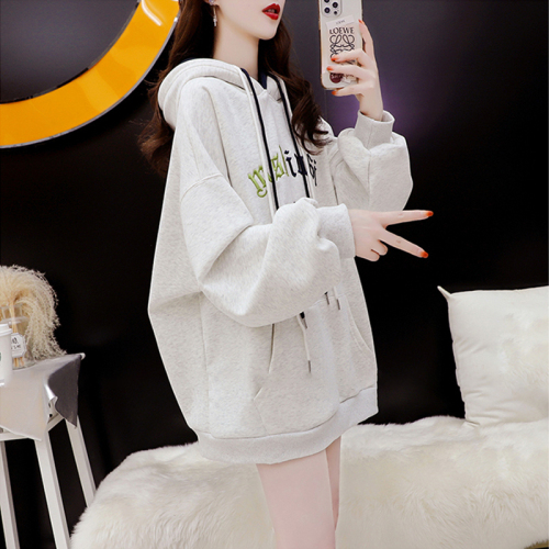 6535 Fish Scale Autumn and Winter hooded patchwork design letter embroidery thin sweatshirt for women