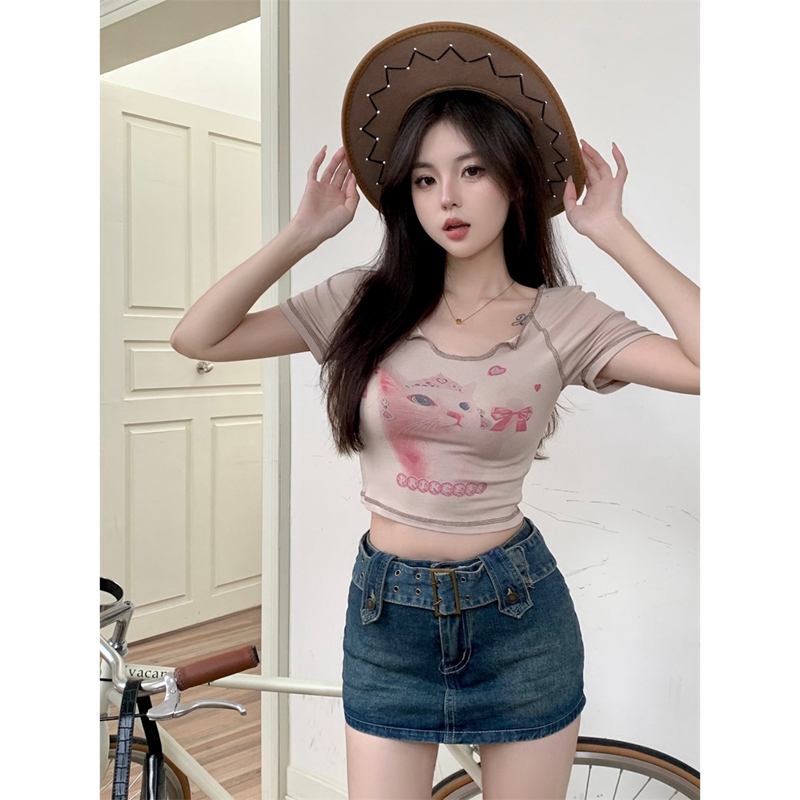 Official picture 6535 stretch cotton sweet and spicy bottoming shirt summer design niche slimming short T-shirt for women