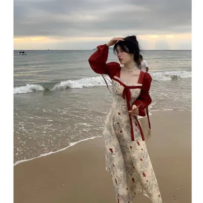 01/04 20:00上新限時9折浮玉枝意 系帶拼接撞色連衣裙春新款