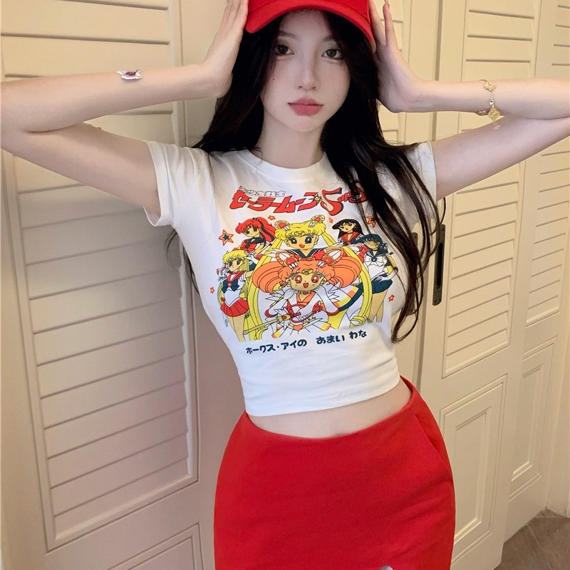 Official picture 6535 stretch cotton childlike cute girly style T-shirt women's summer pure desire sexy high waist
