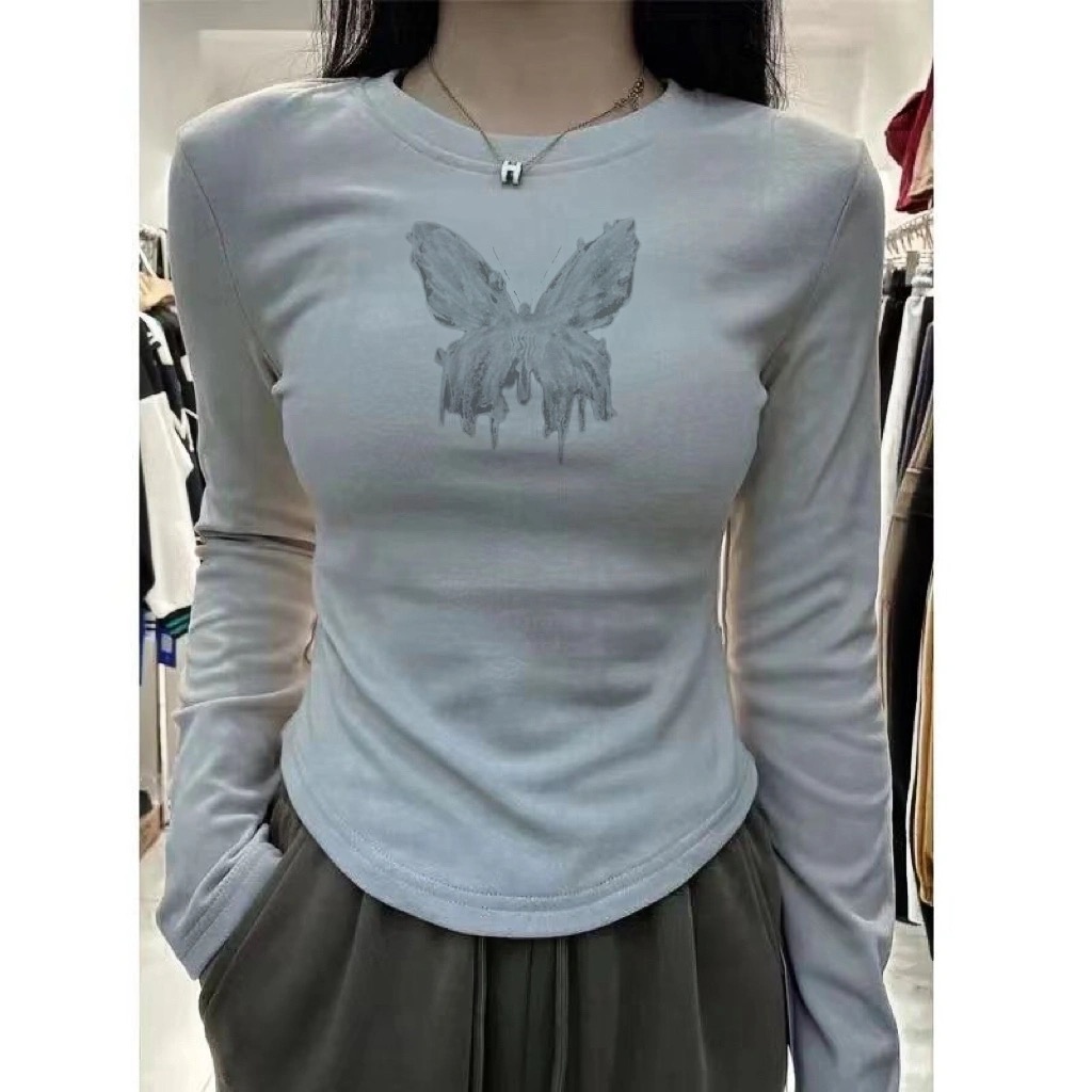 U-shaped hem, German velvet bottoming shirt for women, autumn and winter slim-fitting layered inner wear, slim short top, long-sleeved T-shirt