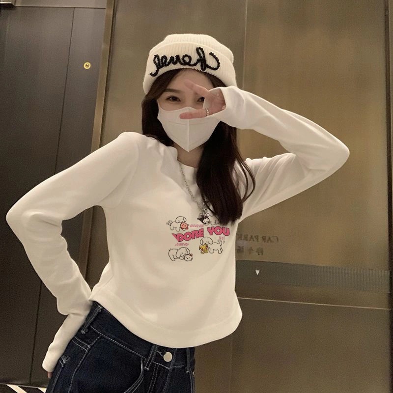 U-shaped hem, German velvet bottoming shirt for women, autumn and winter slim-fitting layered inner wear, slim short top, long-sleeved T-shirt