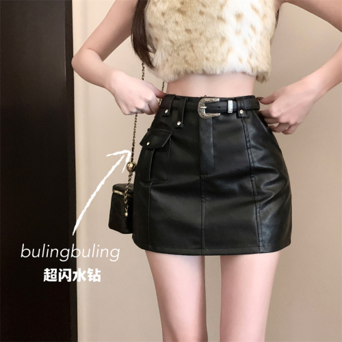 Real shot of retro hot girl high-waisted PU leather skirt A-line slimming hip-hugging skirt short skirt for women