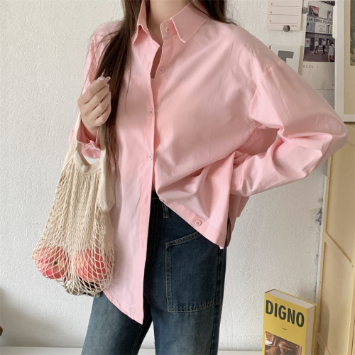 Actual shot of Korean style hiphop blue long-sleeved shirt for women in spring, loose, lazy and versatile casual shirt