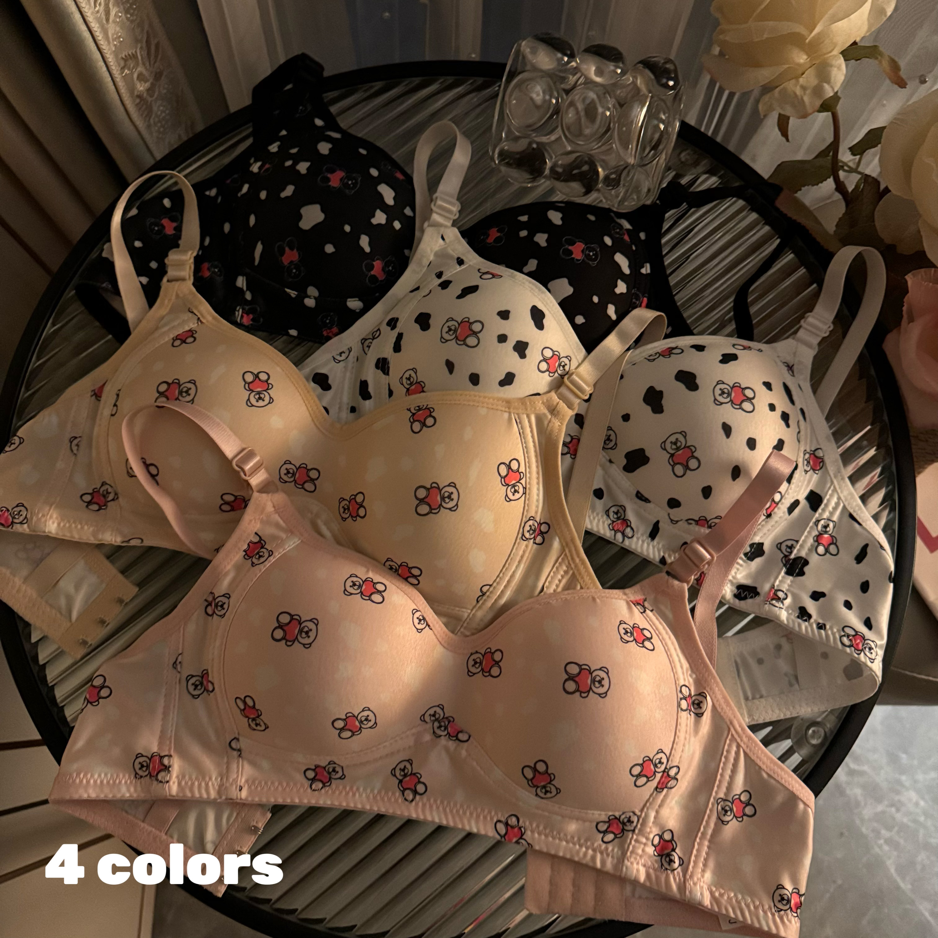 Real shot of cartoon bear textured sexy bra for women without steel ring to gather side breasts student underwear