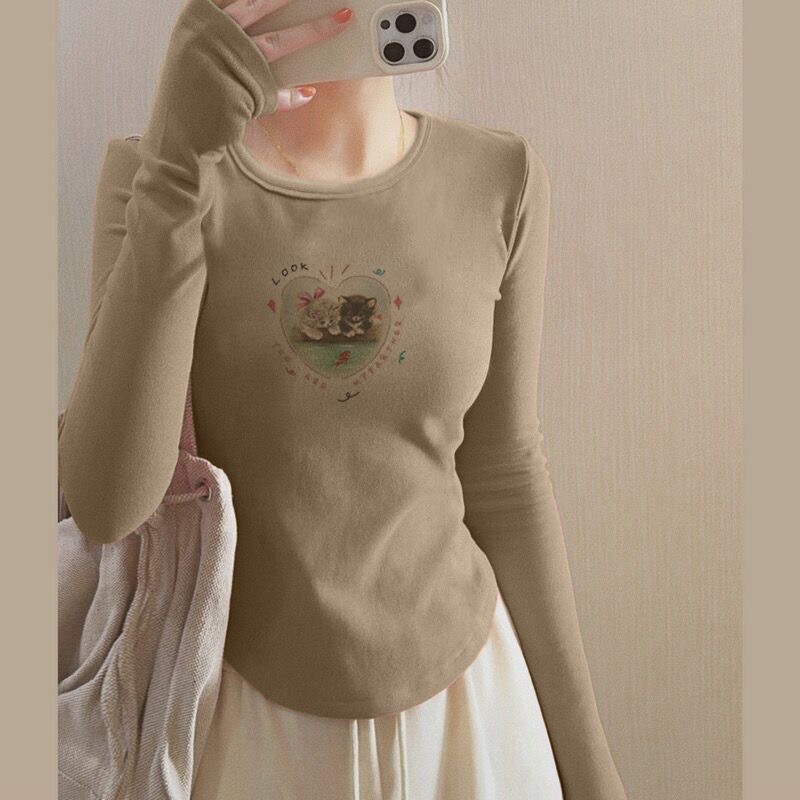 U-shaped hem, German velvet bottoming shirt for women, autumn and winter slim-fitting layered inner wear, slim short top, long-sleeved T-shirt