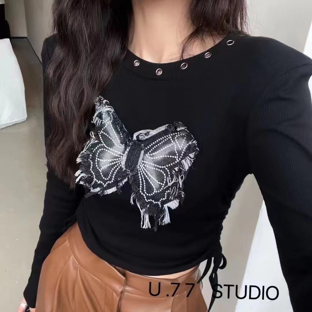 美式辣妹蝴蝶秋春季設計感小眾短款抽繩長袖針織打底上衣ins修身