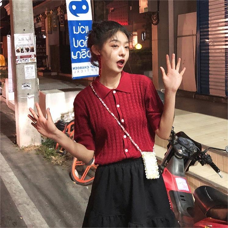 針織衫女夏季新款溫柔系修身薄款打底短袖Polo領開衫罩衫