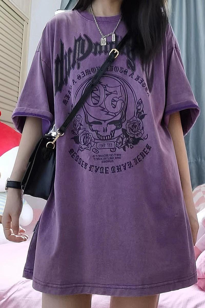 官圖 6535拉架棉 美式t恤女做舊水洗紫色短袖哥特街頭風印花