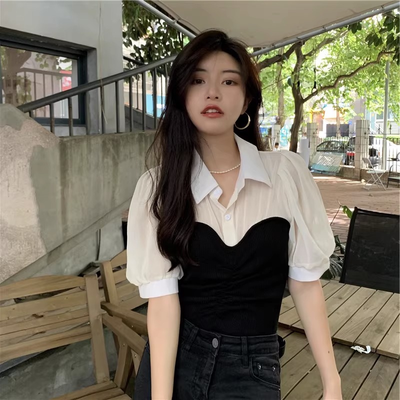 氣質拼接網紗polo領短袖襯衫女春夏新款設計感小眾上衣
