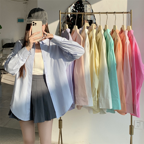 Actual shot of Korean style hiphop blue long-sleeved shirt for women in spring, loose, lazy and versatile casual shirt