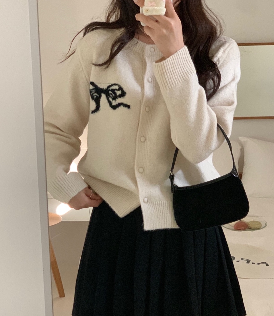 INS韓國東大門！減齡蝴蝶結早春新款純色甜美圓領針織衫開衫外套