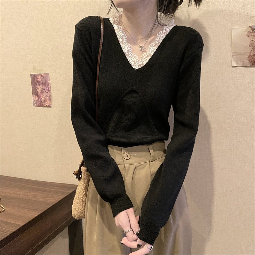 實拍蕾絲內搭針織打底衫毛衣女秋冬慵懶風小個子V領上衣