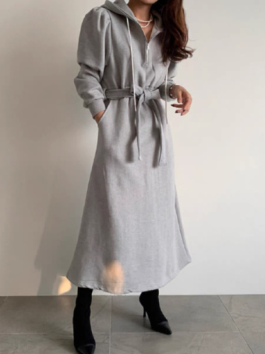 韩国chic冬季小众减龄连帽系带收腰显瘦泡泡袖中长款卫衣连衣裙女