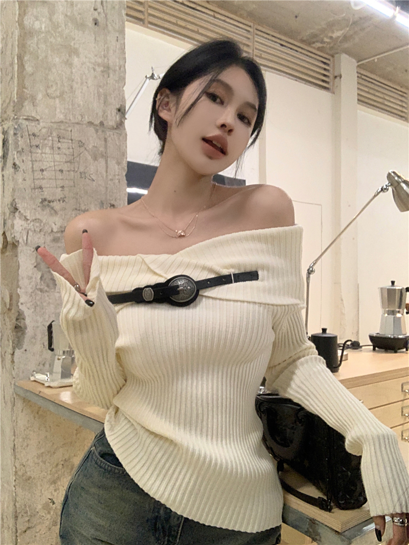 實拍  美式復古一字肩長袖毛衣針織衫女新款辣妹上衣