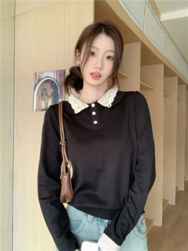 Actual shot of spring Korean style fashionable lace doll collar half-cut long-sleeved top for women