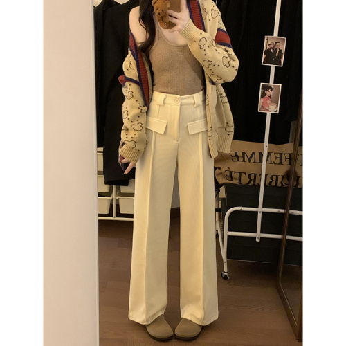 Actual shot of 2024 new wide-leg pants casual pants for women, chic pocket drape, high waist, slimming, loose suit trousers