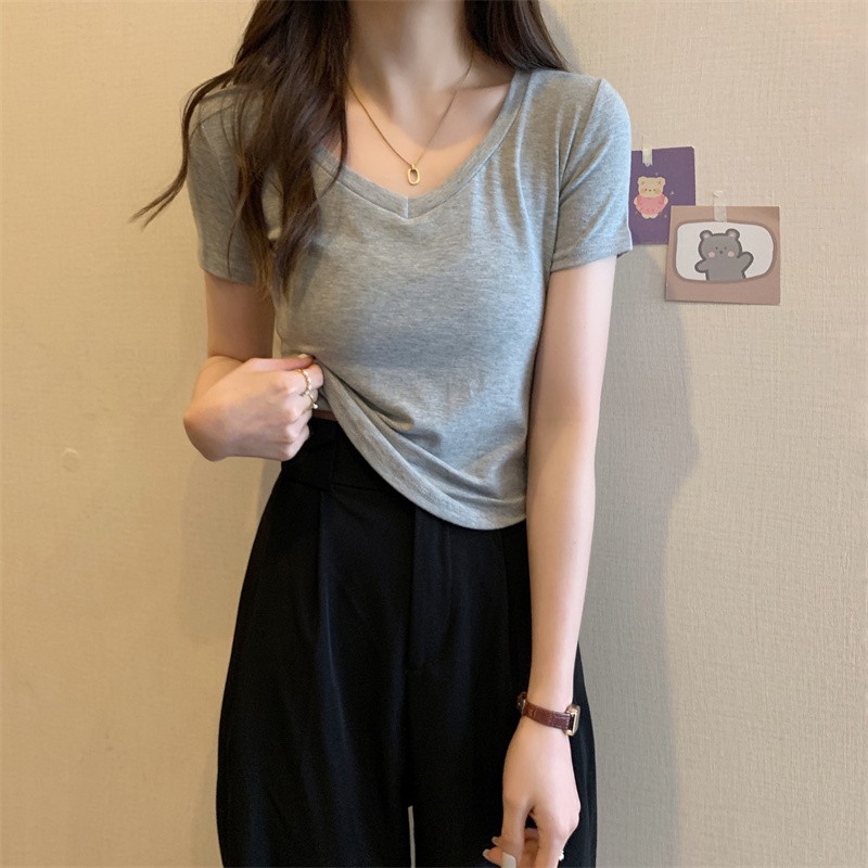 官圖 仿棉羅紋 90%滌綸10%氨綸 夏季新款灰色短袖t恤女