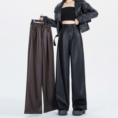 Actual shot of 2024 new fashion design slim high waist leather PU trousers leather pants for women with thin velvet