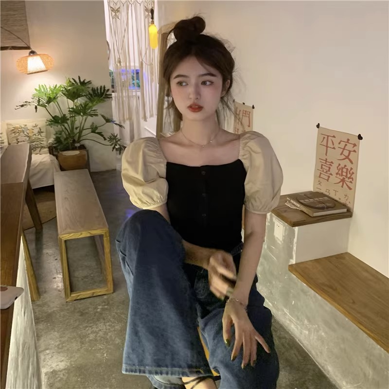 夏季新款顯瘦設計感法式復古方領露鎖骨短袖襯衫短款上衣女潮