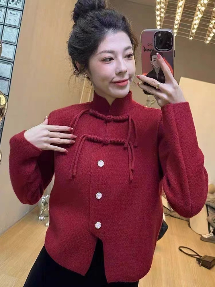 官圖！秋冬季國風洋氣減齡新中式針織衫女流蘇盤扣加厚立領