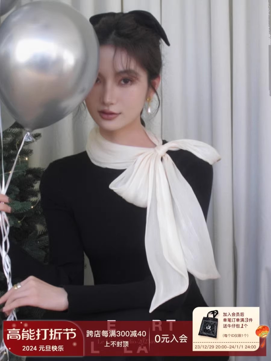 LELART 秋冬法式名媛氣質針織衫顯瘦高級感飄帶蝴蝶結優雅毛衣女