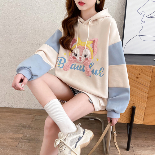 First real shot of 65 fish scale compound milk silk spring and autumn design cartoon color star dew hooded sweatshirt for women