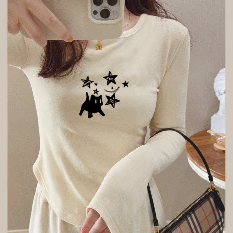 U-shaped hem, German velvet bottoming shirt for women, autumn and winter slim-fitting layered inner wear, slim short top, long-sleeved T-shirt