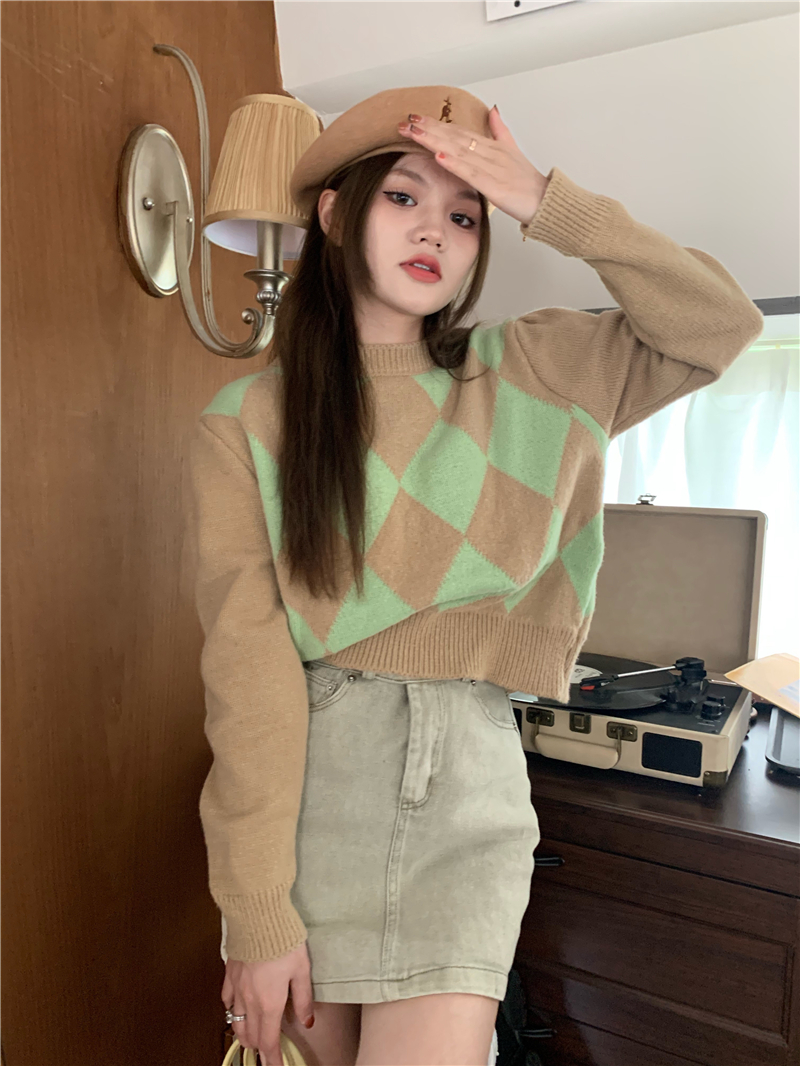Real shot retro rhombus round neck pullover sweater thickened