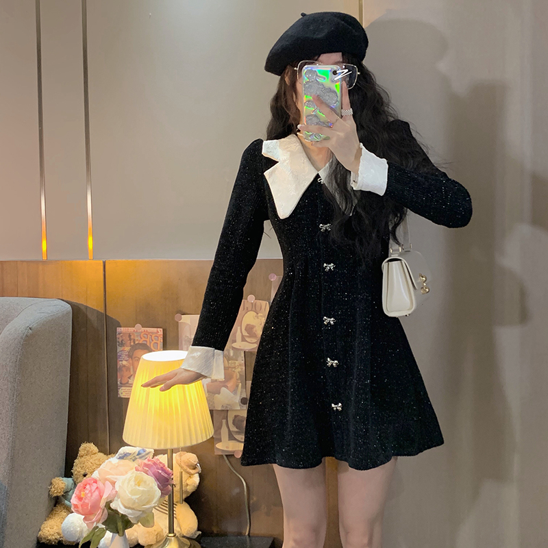 法式娃娃領小香風千金公主裙女春秋新款收腰顯瘦氣質黑色連衣裙子