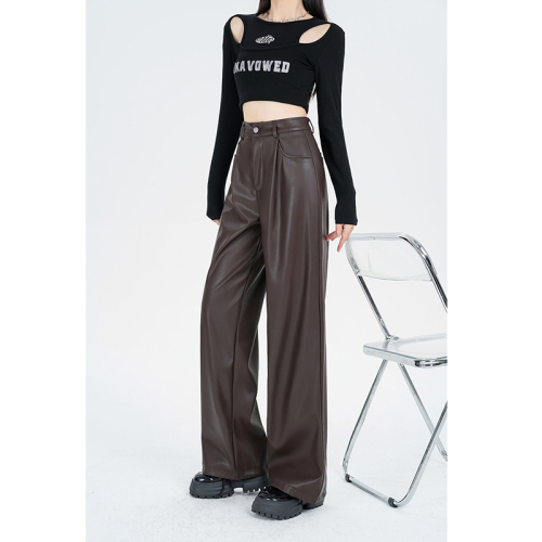 Actual shot of 2024 new fashion design slim high waist leather PU trousers leather pants for women with thin velvet