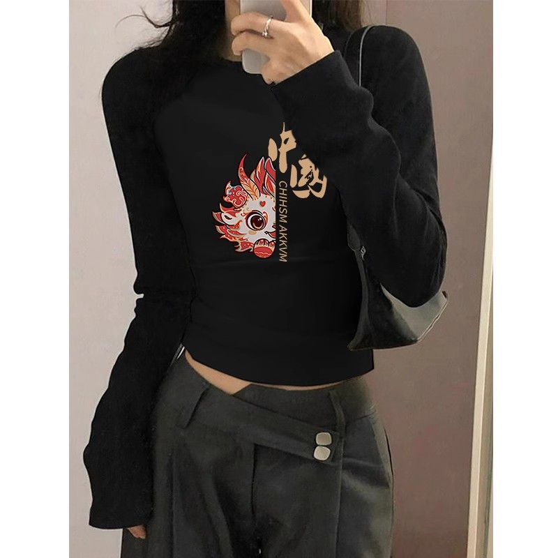 American long-sleeved slim T-shirt for women in spring and autumn new high-waist navel-baring slim inner layering shirt short top T-shirt