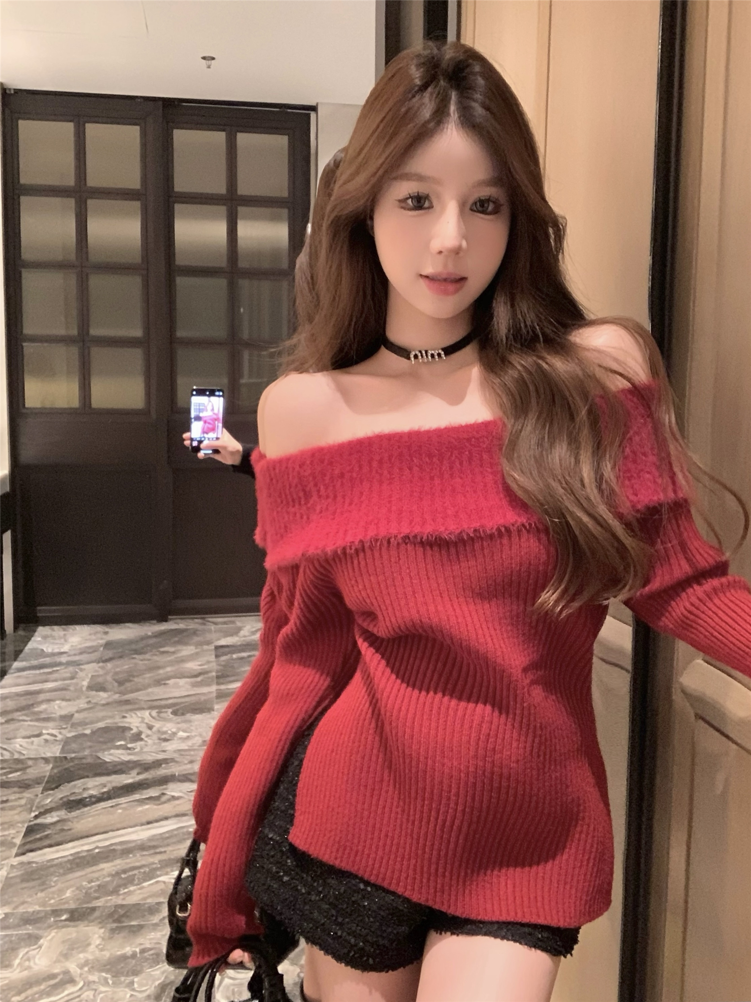 Actual shot ~ new style for autumn and winter ~ one-shoulder mink velvet long-sleeved sweater with slim design and sexy off-shoulder sweater