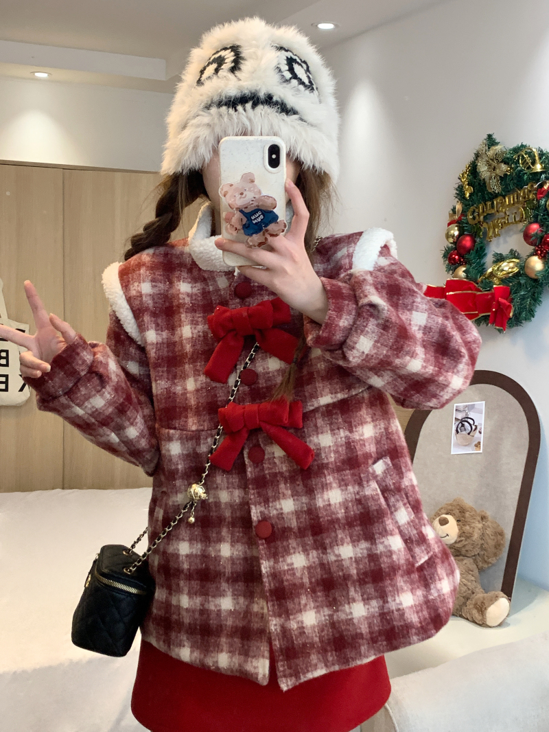 實拍 2024年新款格子新年戰袍紅色短款呢子半身裙兩件套裝