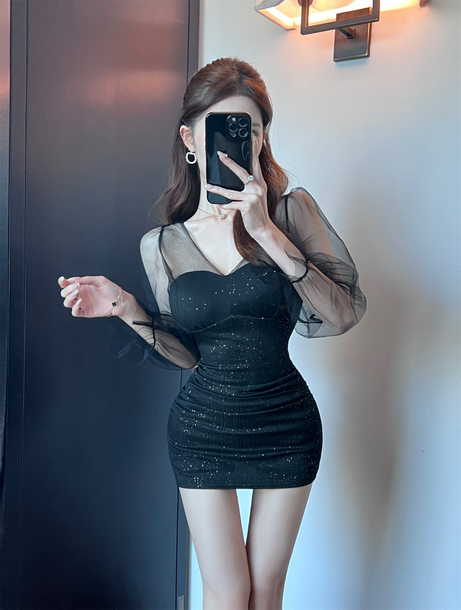 實拍性感透視網紗長袖拼接V領連衣裙女辣妹緊身打底包臀短裙