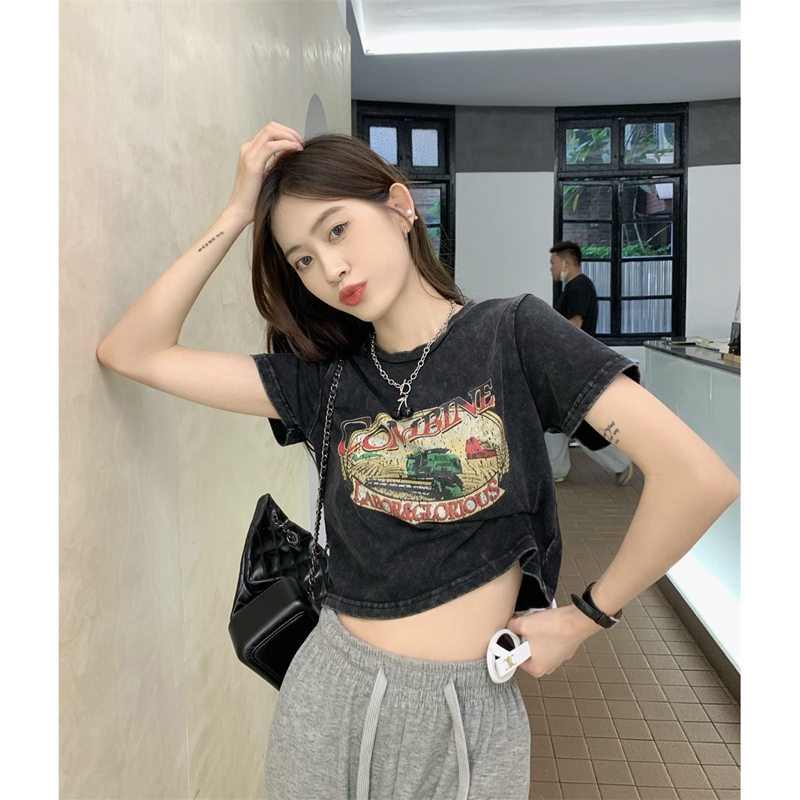 官圖 6535洗水棉做舊 美式復古做舊印花短袖T恤女春夏